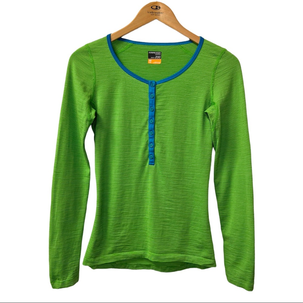 Icebreaker Women's Merino BodyFit 200 Striped Green
Contrast Blue Henley Top XS